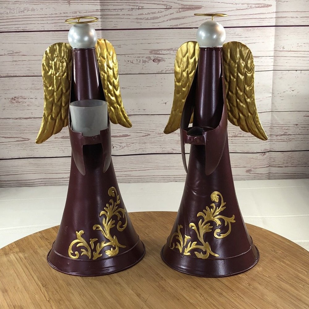 Angel Candle Holder Set 2 Dark Red Metal Gold Wings 14" Tea Light Holiday  Decor